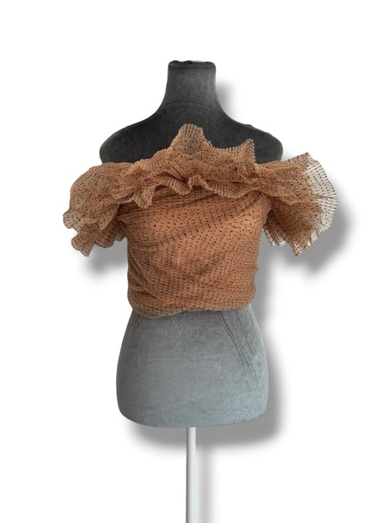 Zara Tops - Zara Nude Mesh Tulle Black Polka Dot Ruffle Crop Tube Top Small Limited Edition